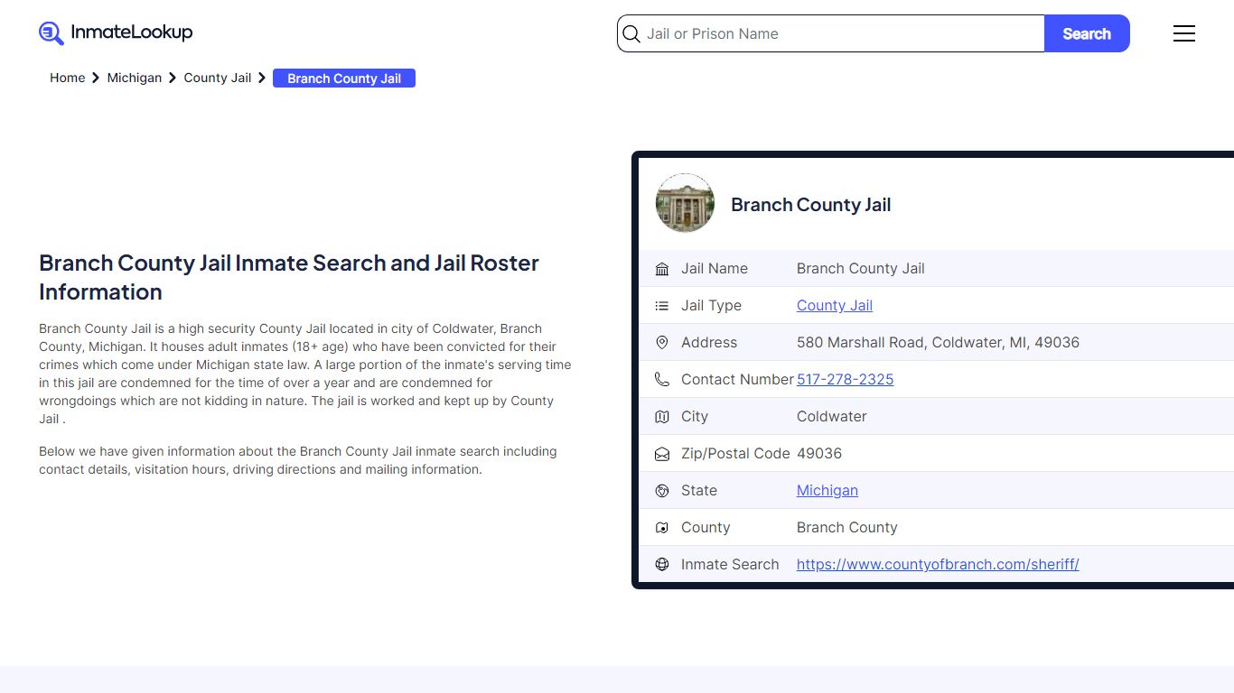 Branch County Jail Inmate Search - Coldwater Michigan - Inmate Lookup
